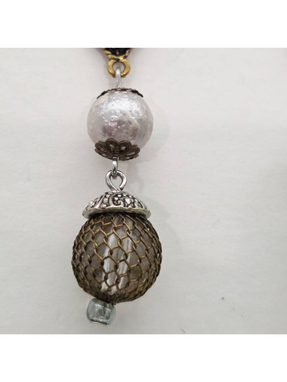 Drop Earrings With Faux Pearls & Mesh Beads Mixed Metal Rhinestone 2" - Picture 3 of 5